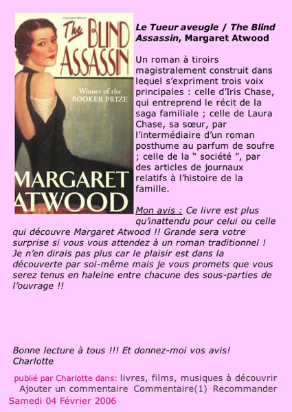  commentaire sur Le tueur aveugle de Margareth Atwood-la bibliothque de la Mercerie-Lyon-La Duchre