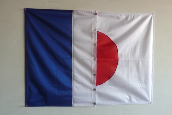 oeuvre ralise pour l'exposition Quinze ans et plus si affinits Galerie Satellite Paris 24 mai 30 juin 2007: drapeau franais et japonais boutonns