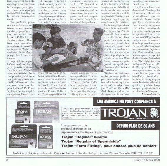 fac-simil d'une page de Cambodge-Soir-publication des Histoires modestes du Cambodge - rsidence d'artiste au CCF de Phnom Penhn