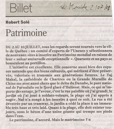 billet de Robert Sol dans le Monde du 2 juillet 2008. A quand le matrimoine?