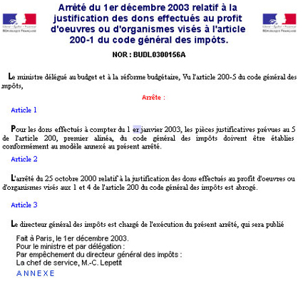 image texte loi 1er aout 2003 relative aux dons