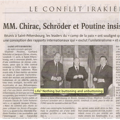 article du Monde photo Chrirac poutine Schroder se boutonnant